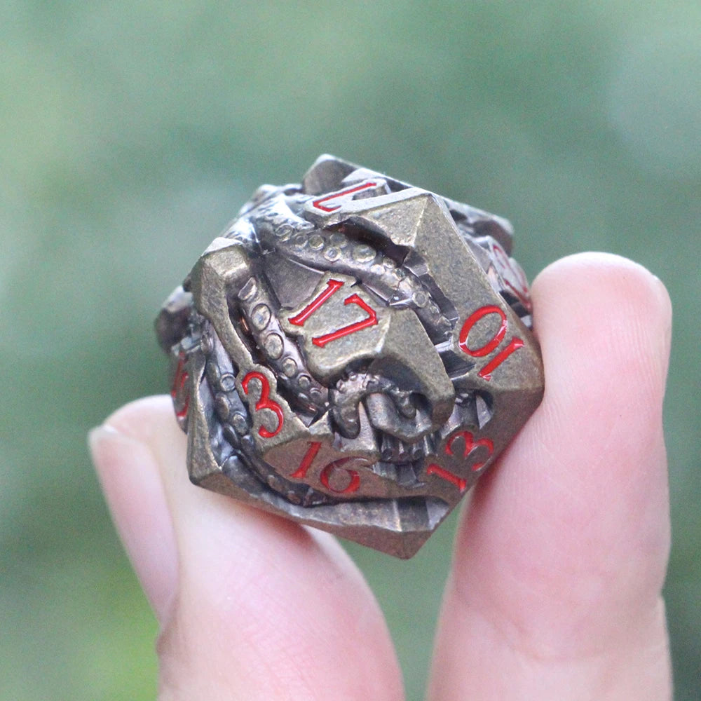 ucmehihihi Bronze Octopus Dice Set – 3D Tentacle Carved with Red Numbers (7 - Piece)