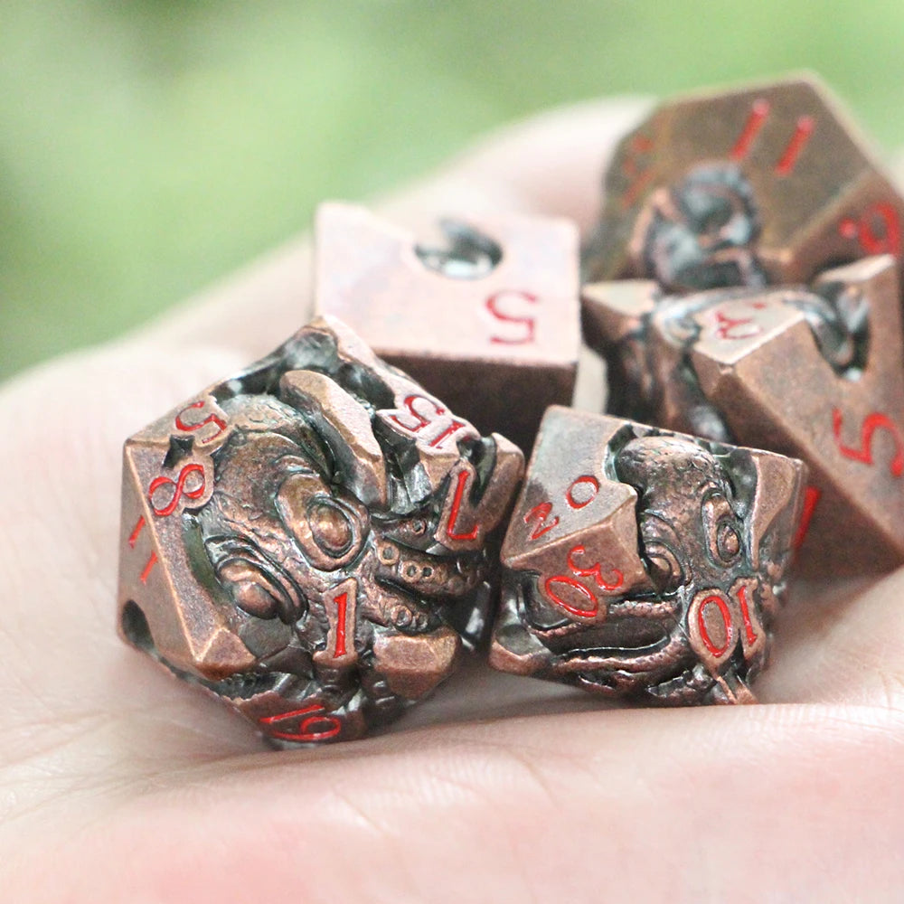 ucmehihihi Copper Octopus Dice Set – 3D Tentacle Carved with Red Numbers (7-Piece)