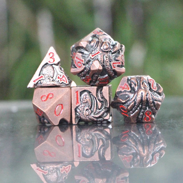 ucmehihihi Copper Octopus Dice Set – 3D Tentacle Carved with Red Numbers (7-Piece)