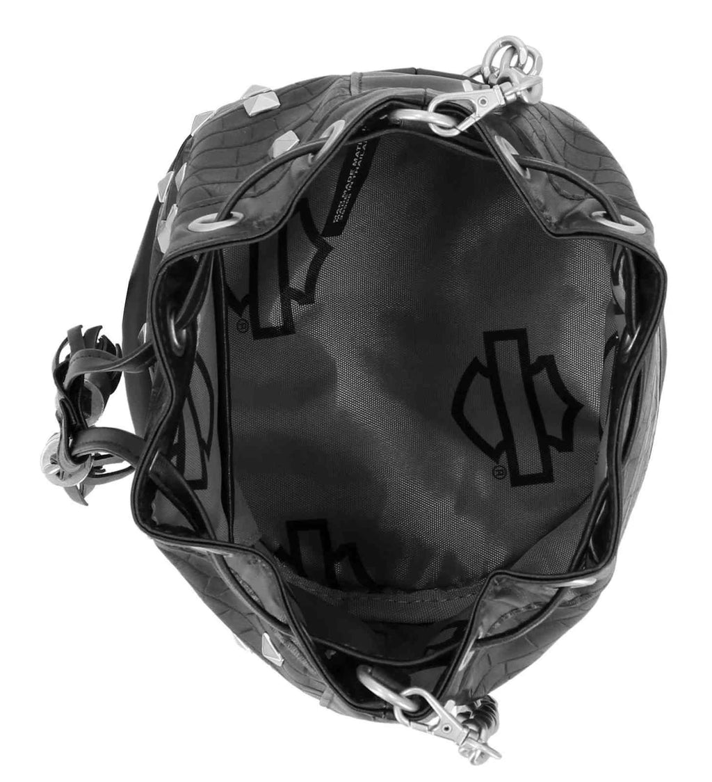 Harley-Davidson Women's Metal Bar & Shield Logo Croco Drawstring Purse - Black - Item # MHW141/08