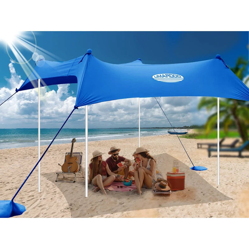 UMARDOO Family Beach Tent Canopy Sun Shade Portable 10×10FT, Large Wind Resistance Beach Sun Shelter Easy Setup with Packable Carry Bag for Outdoor Travel UPF 50+ (Blue)