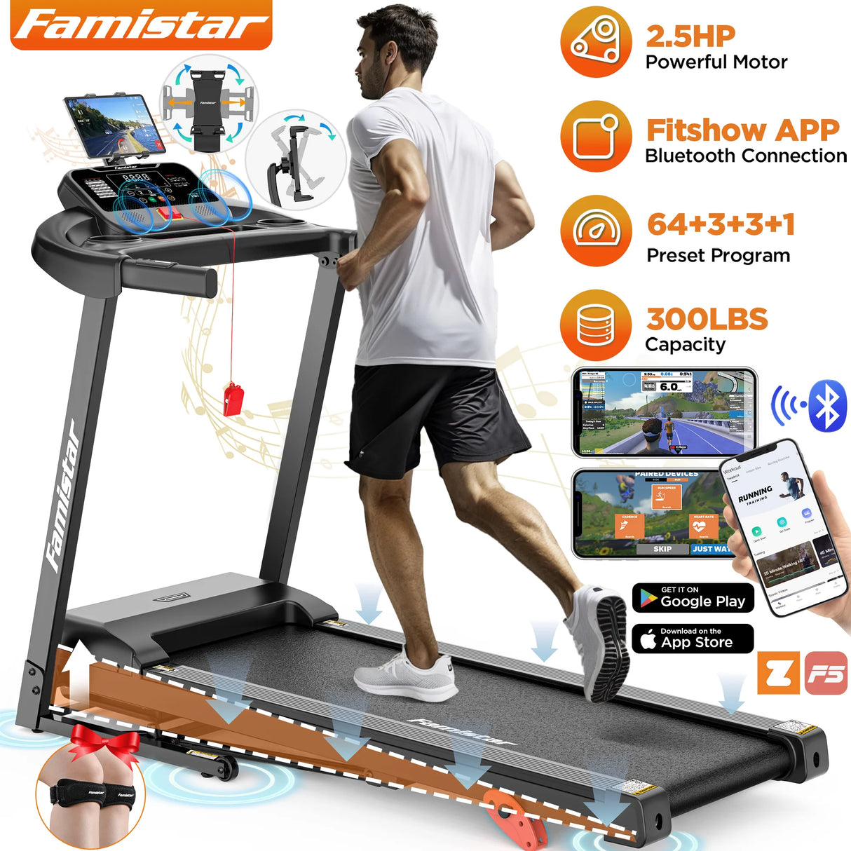 Famistar 2.5HP Folding Treadmill for Home w/ APP Control, 300lbs Capacity, Adjustable Incline, 64+3+3+1 Programs, Bluetooth Speakers, Electric Treadmill Running Machine