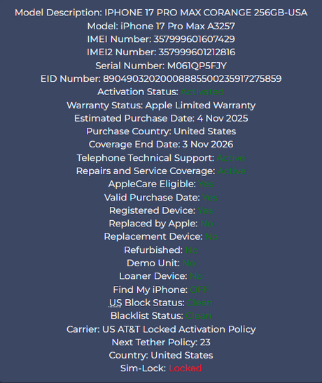 IPHONE 17 PRO MAX ORANGE 256GB - AT&T - Screen and Lens Protectors Installed