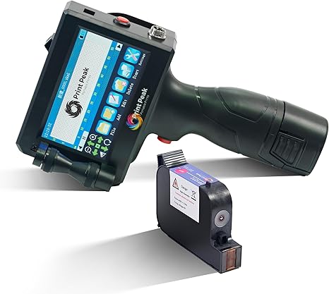 PrintPeak Handheld Inkjet Printer Gun & Black Ink Cartridge for Any Surface (0.5inch/12.7mm Print Height), Water Resistant, Quick Dry Ink for Barcodes, Logos, Text & Images