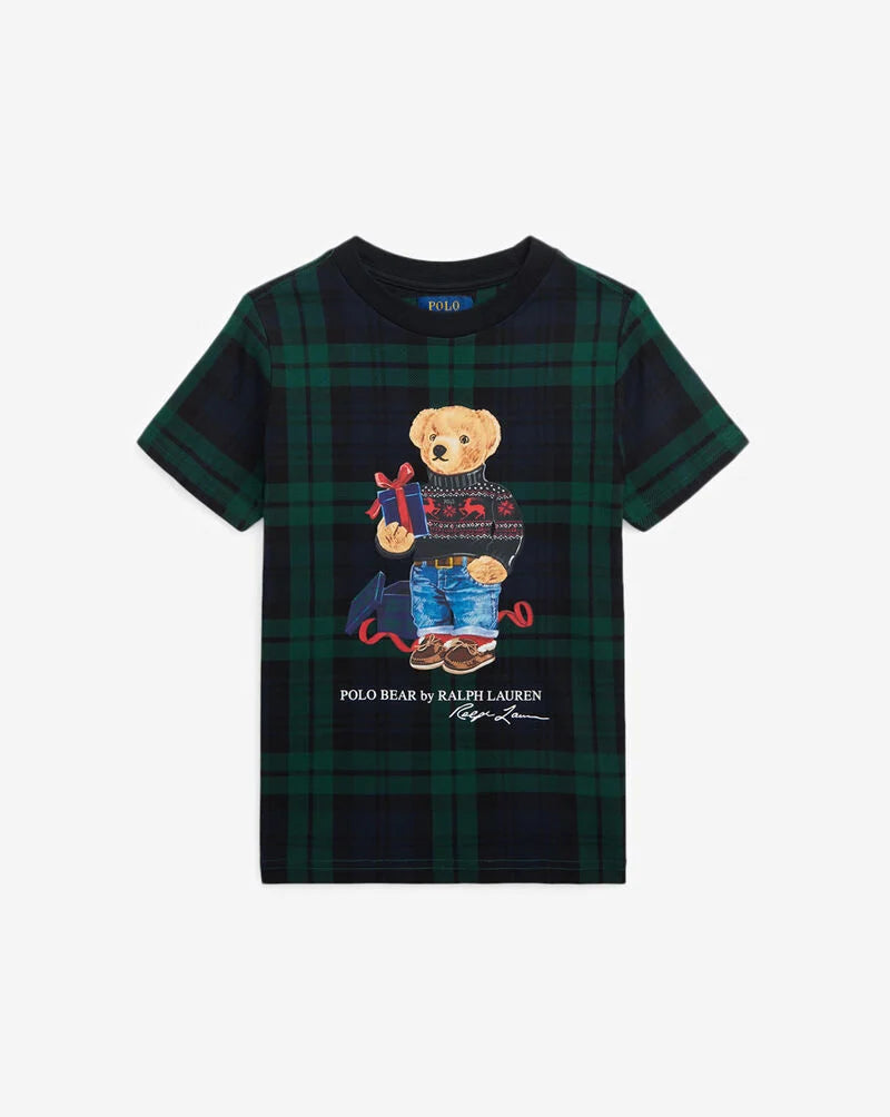 Polo Ralph Lauren 4-7 Mixed Plaid Novelty Bear Graphic Crewneck T-Shirt Black Pld-New With Tags