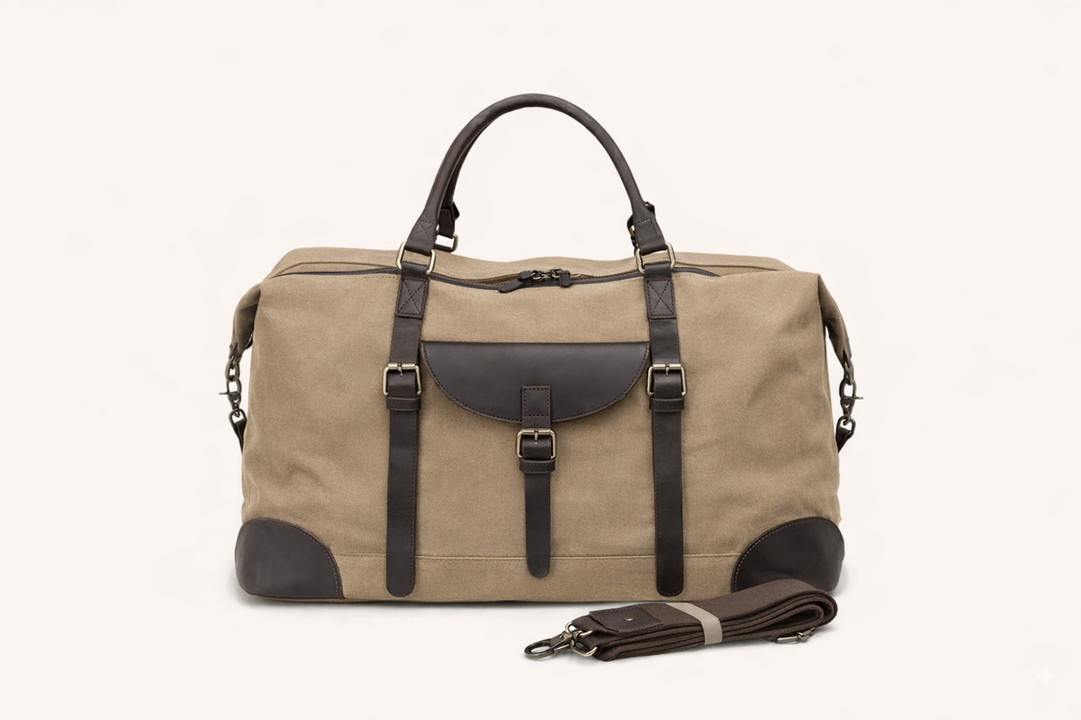 Rustic Canvas and Leather Weekender Duffel | Large | Warm Beige/Khaki/Tan