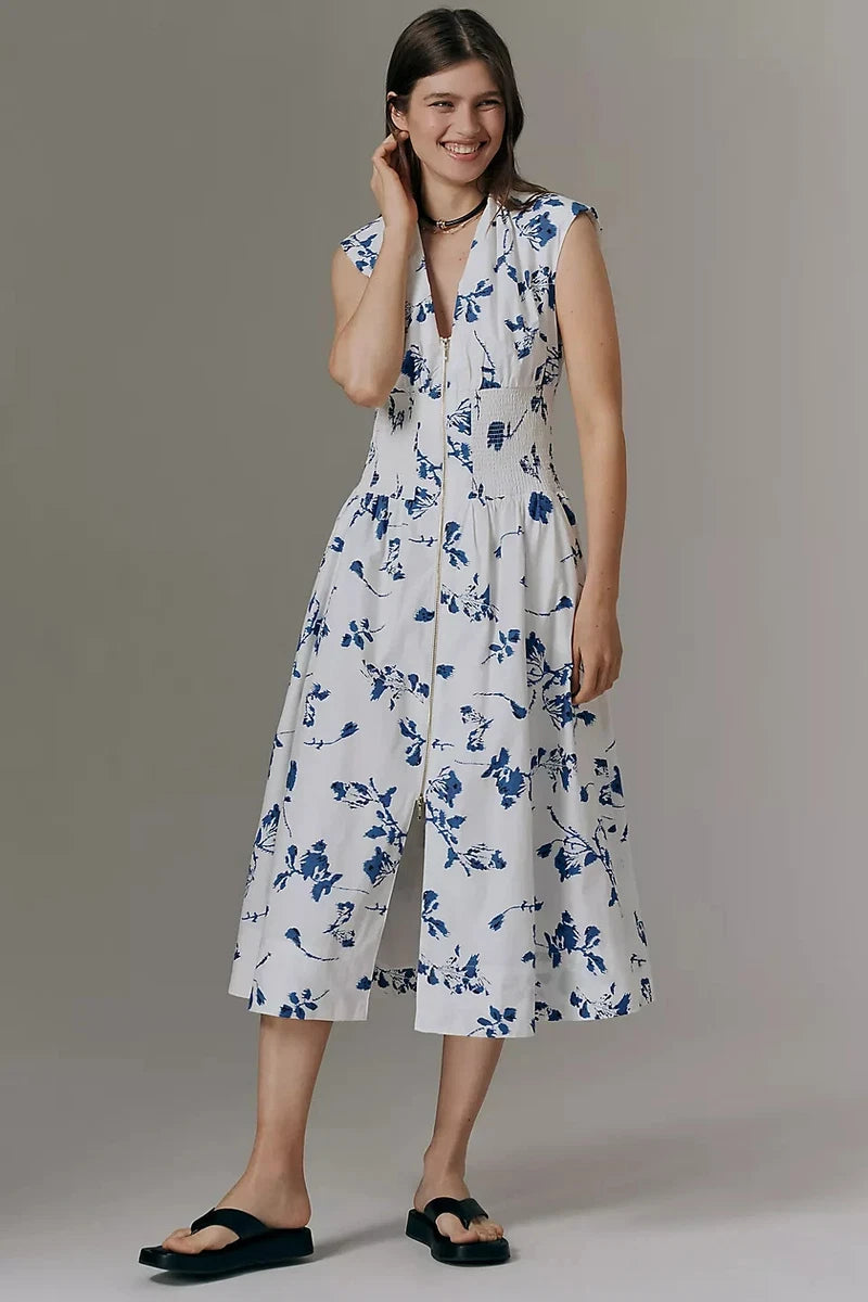 Tommie Zip‑Front Midi Dress by Maeve - Ivory Floral - Size: Medium