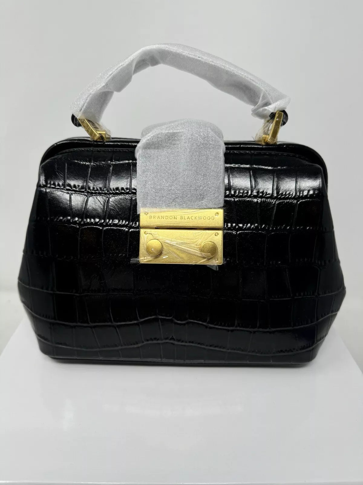 Brandon Blackwood Elizabeth Doctor Bag Black Croc Embossed W/ Brass Hardware