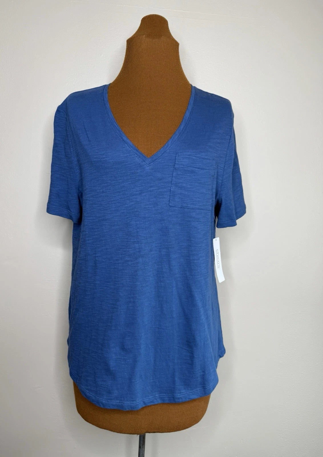 Chico’s Blue V-Neck Short Sleeve Top Cotton Pocket - Marina Blue (Size 3)