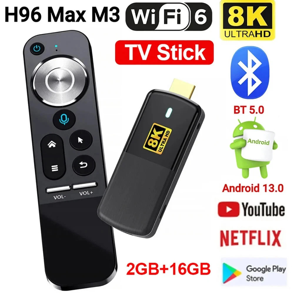 H96 Max M3 Android 13.0 TV Stick - Up to 4KUHD Streaming Device with Voice Remote