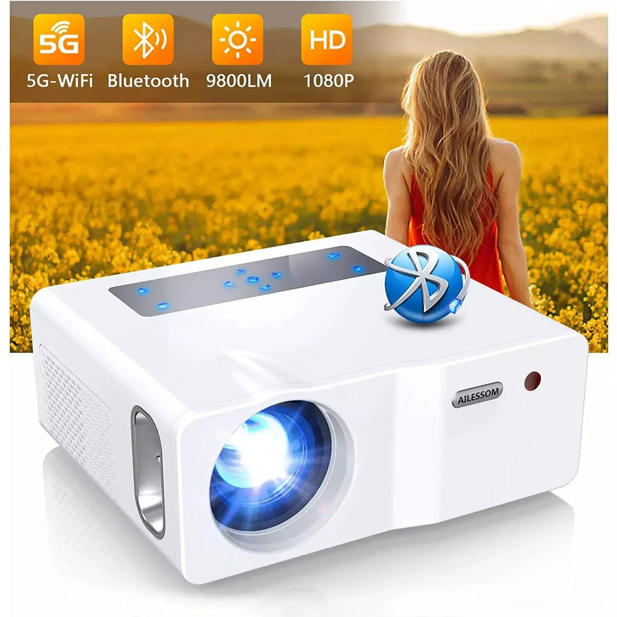 Ailessom HD 1080P Video Projector L300 5G WiFi Bluetooth 450" Display 9800 Lumen