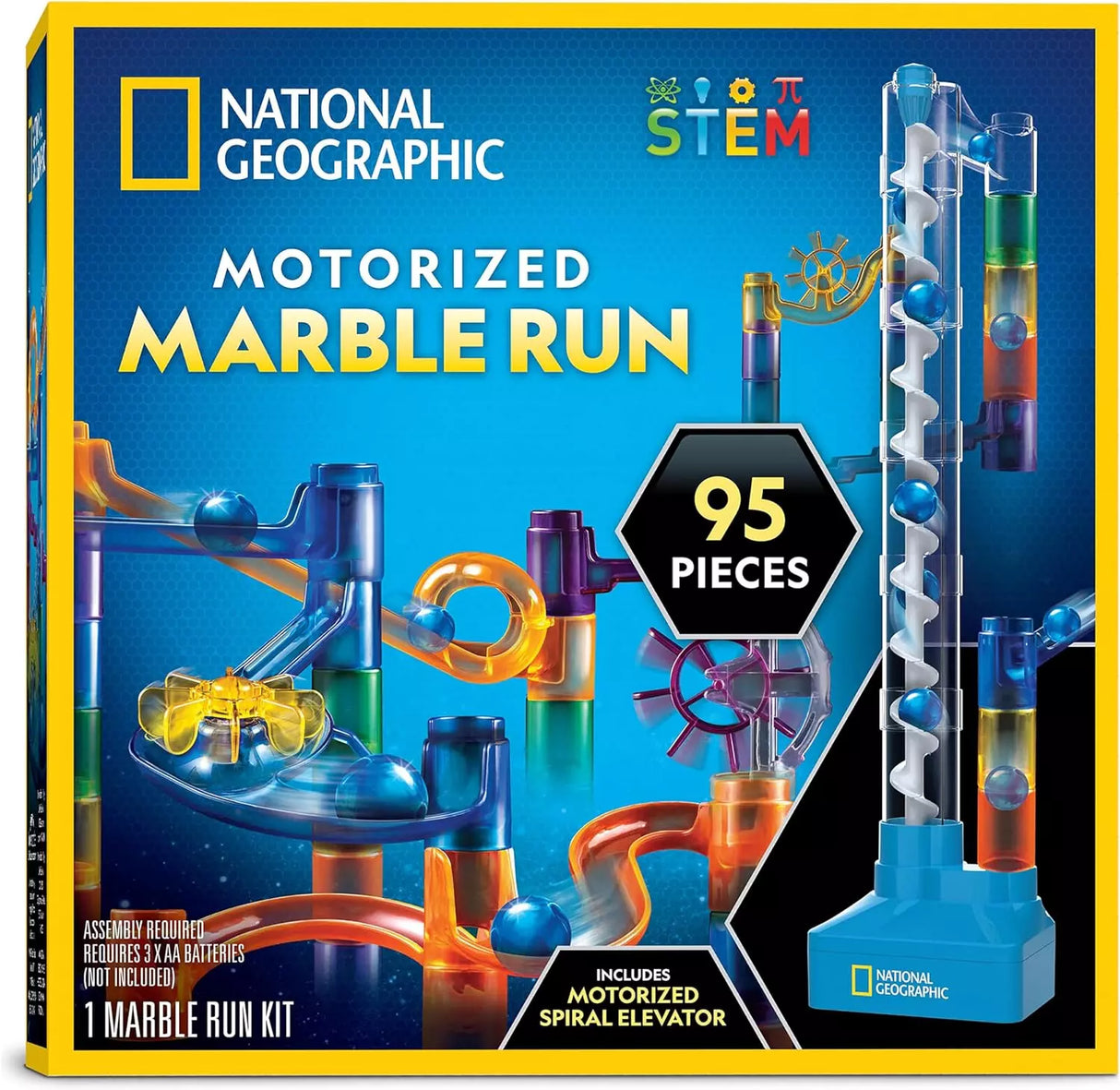 National Geographic Marble Run with Motorized Elevator - 95-Piece Marble Maze Kit with Motorized Spiral Lift, 20 Marbles, Perpetual Motion Machine, STEM Gifts for Boys and Girls, Kids Physics Toys