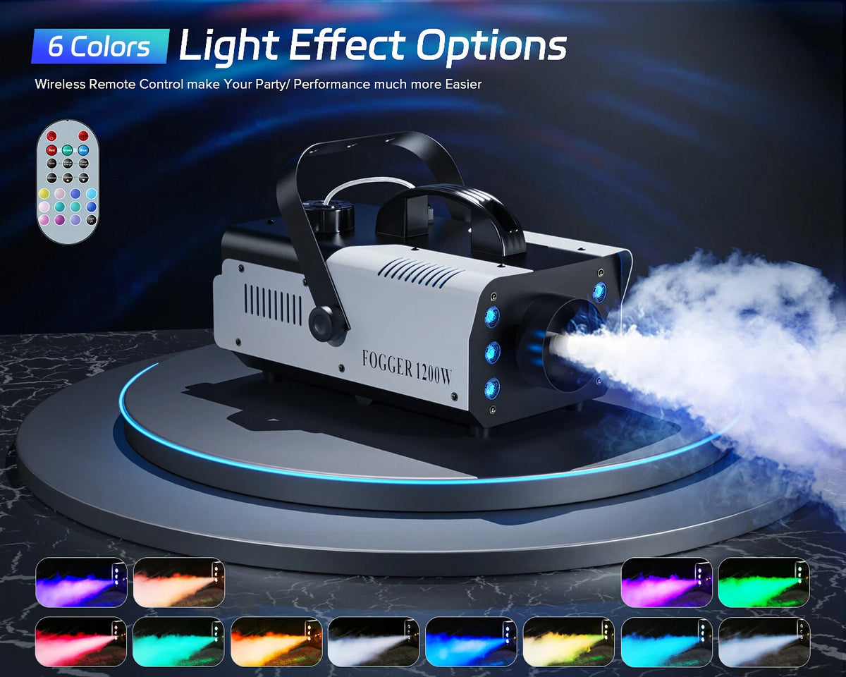 1200W 6000CFM Fog Smoke Machine Stage Party Fogger RGB 6 LED Lights DMX w/Remote