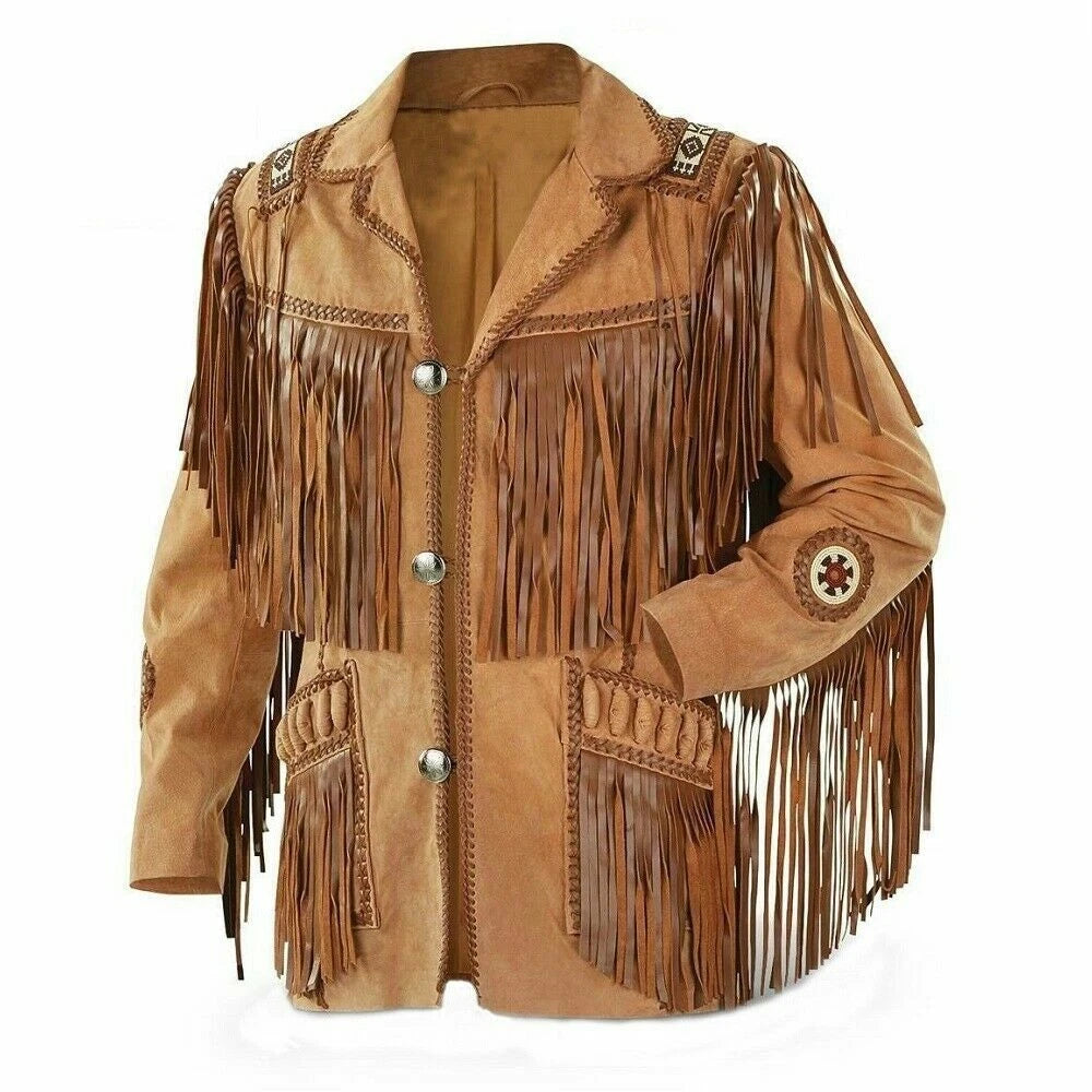 Men's Traditional Cowboy Western Leather Jacket Coat with Fringe - Native American Jacket Suede Beaded