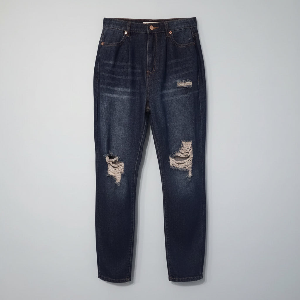 Denim Blvd Los Angeles Distressed Mom Jeans, Dark Wash Blue NWT-Sz 9