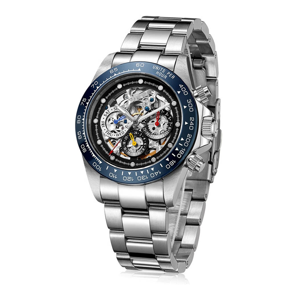 LOREO Mens Automatic Watch Silver Stainless Steel Sapphire Glass Ceramic Bezel Date Military Diving Waterproof Watch