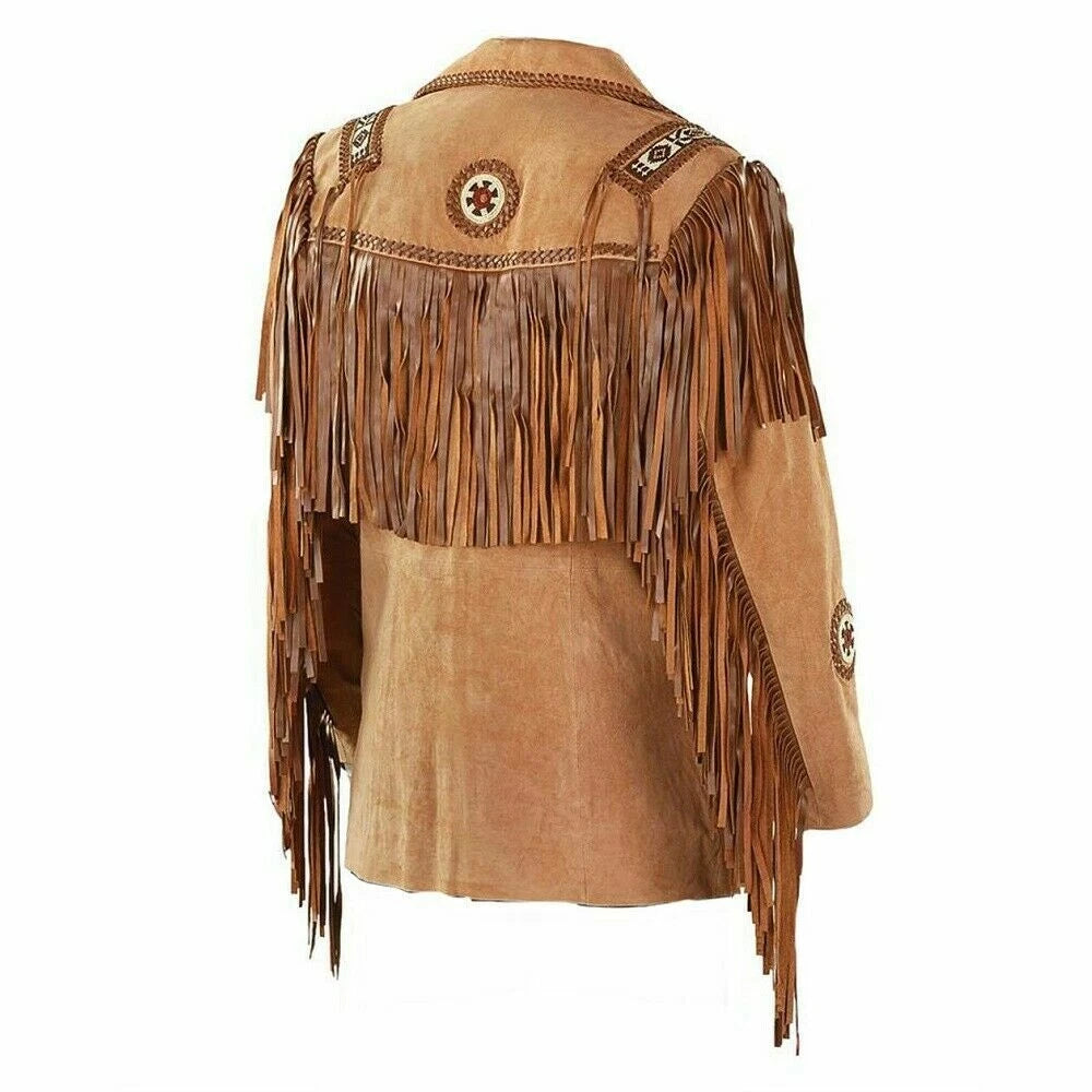 Men's Traditional Cowboy Western Leather Jacket Coat with Fringe - Native American Jacket Suede Beaded