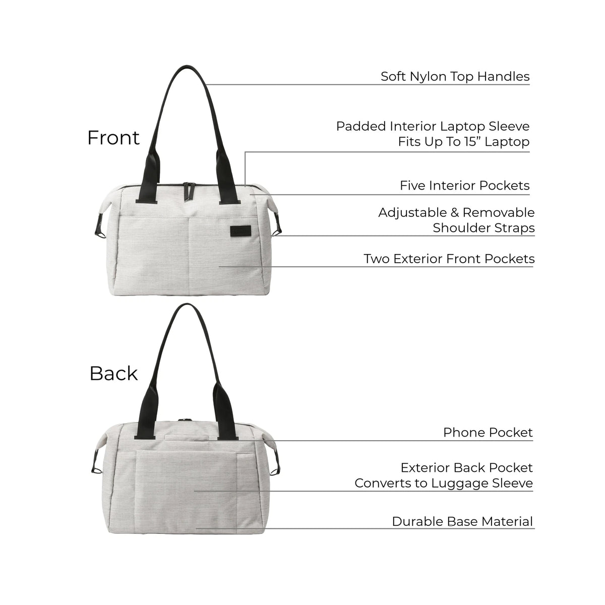 Vooray Alana Duffle Bag with Padded Laptop Sleeve, 25L, Heather Grey