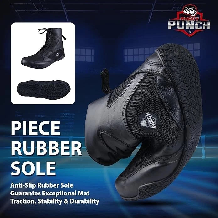 Rightpunch Leather Boxing Shoes Mid-Top Wrestling Boots Men Women   14 black