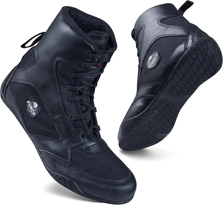 Rightpunch Leather Boxing Shoes Mid-Top Wrestling Boots Men Women   14 black