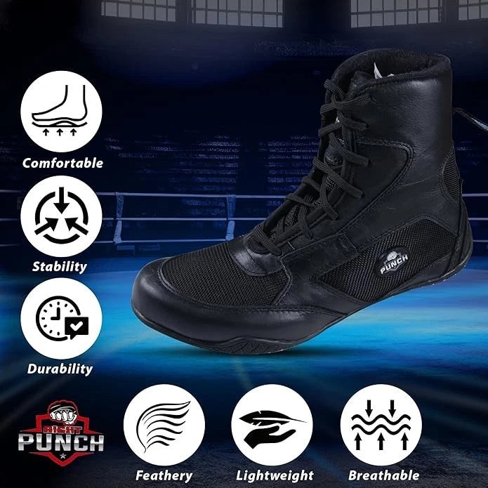 Rightpunch Leather Boxing Shoes Mid-Top Wrestling Boots Men Women   14 black