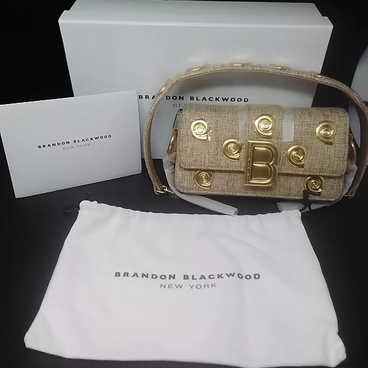 Brandon Blackwood Nia Bag Beige Linen With Golden Decorative Shell Design-NEW