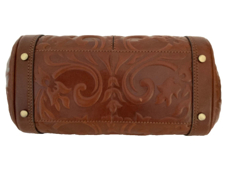 GIANNI CONTI Embossed Flower Pattern Framed Leather Satchel Shoulder Bag, Brown