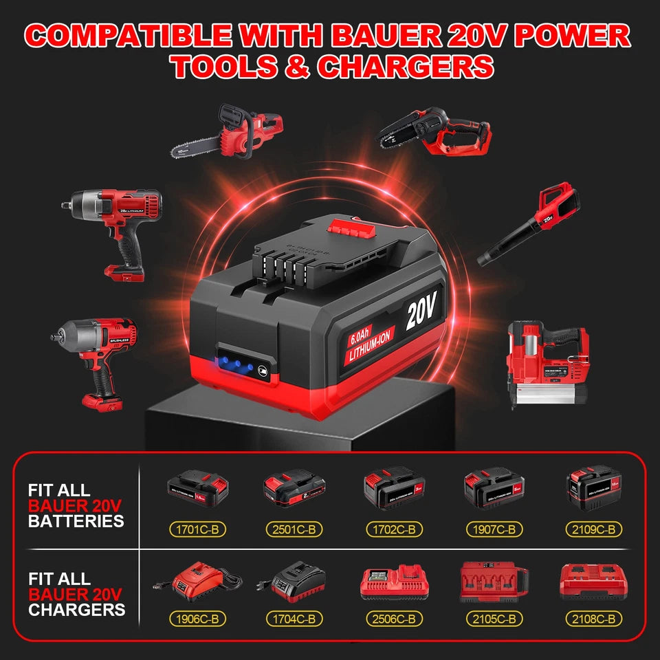 20V 6Ah Lithium-Ion Replacement Battery Pack for Bauer 20V Cordless Power Tools - 2 Pack