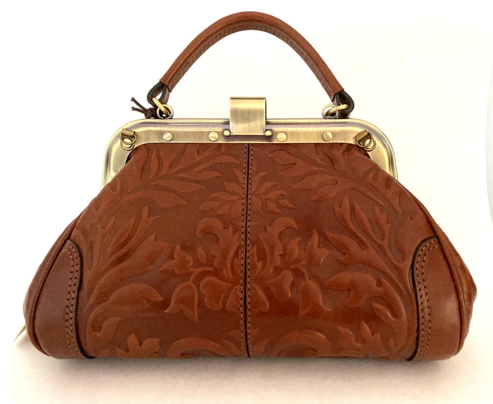 GIANNI CONTI Embossed Flower Pattern Framed Leather Satchel Shoulder Bag, Brown