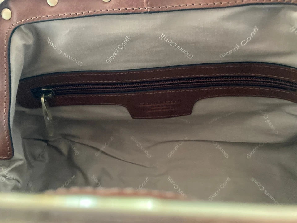 GIANNI CONTI Embossed Flower Pattern Framed Leather Satchel Shoulder Bag, Brown