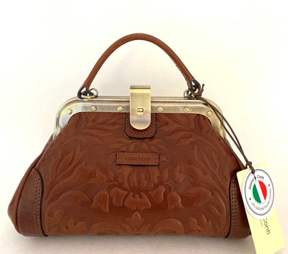 GIANNI CONTI Embossed Flower Pattern Framed Leather Satchel Shoulder Bag, Brown