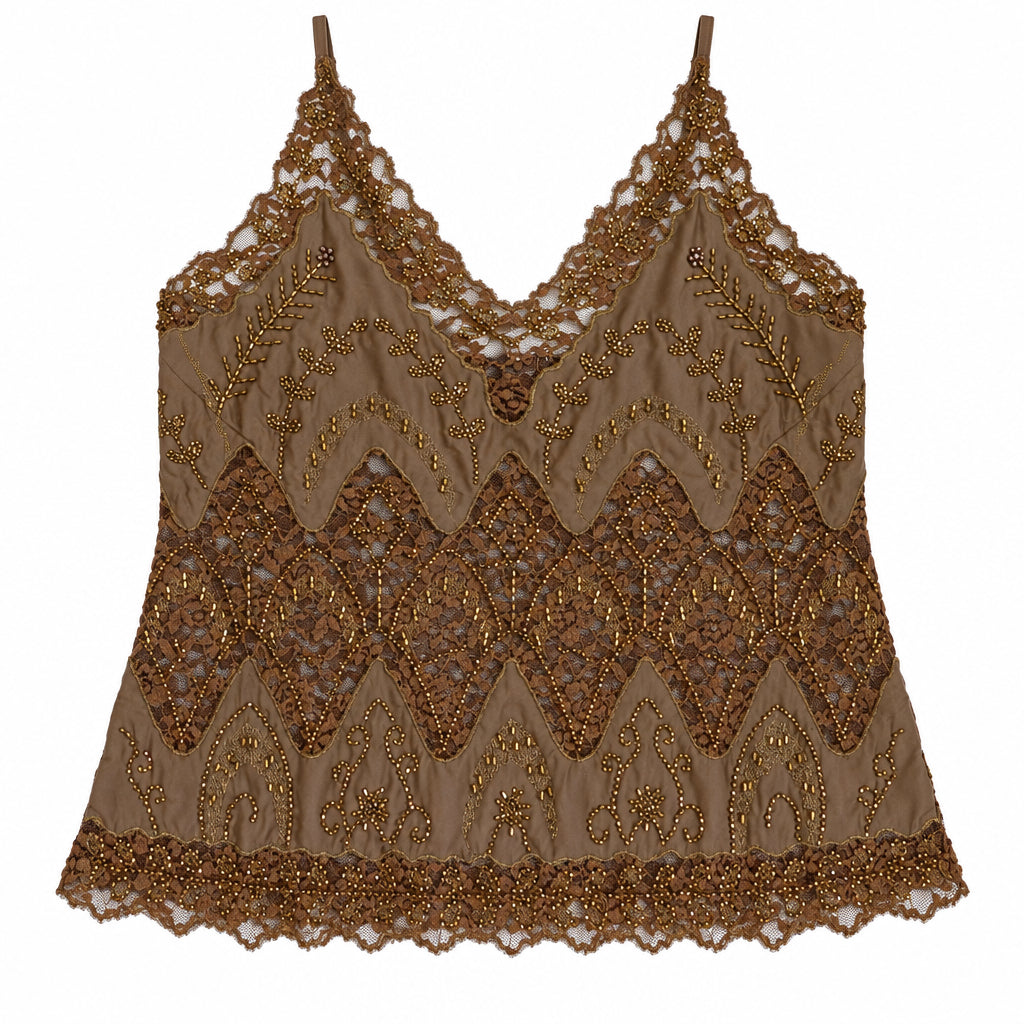 Broadway 38 Women Camisole Top Brown Bronze Hand Beaded Lace - Medium