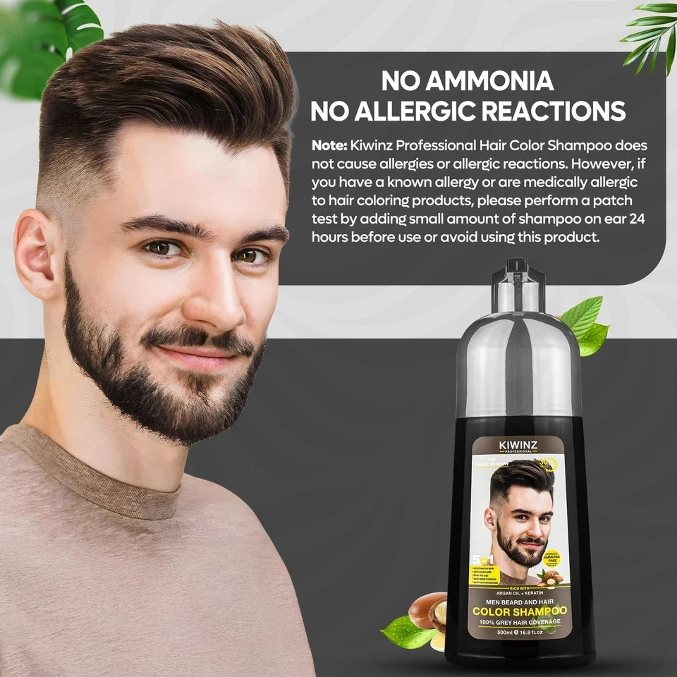 Kiwinz Professional Light Brown Hair Color Shampoo for Men – 5 in 1 Hair Dye Shampoo for Grey Hair - Instant Hair Dye with 100% Color Accuracy with Natural Ingredients - Ammonia Free - 500ml