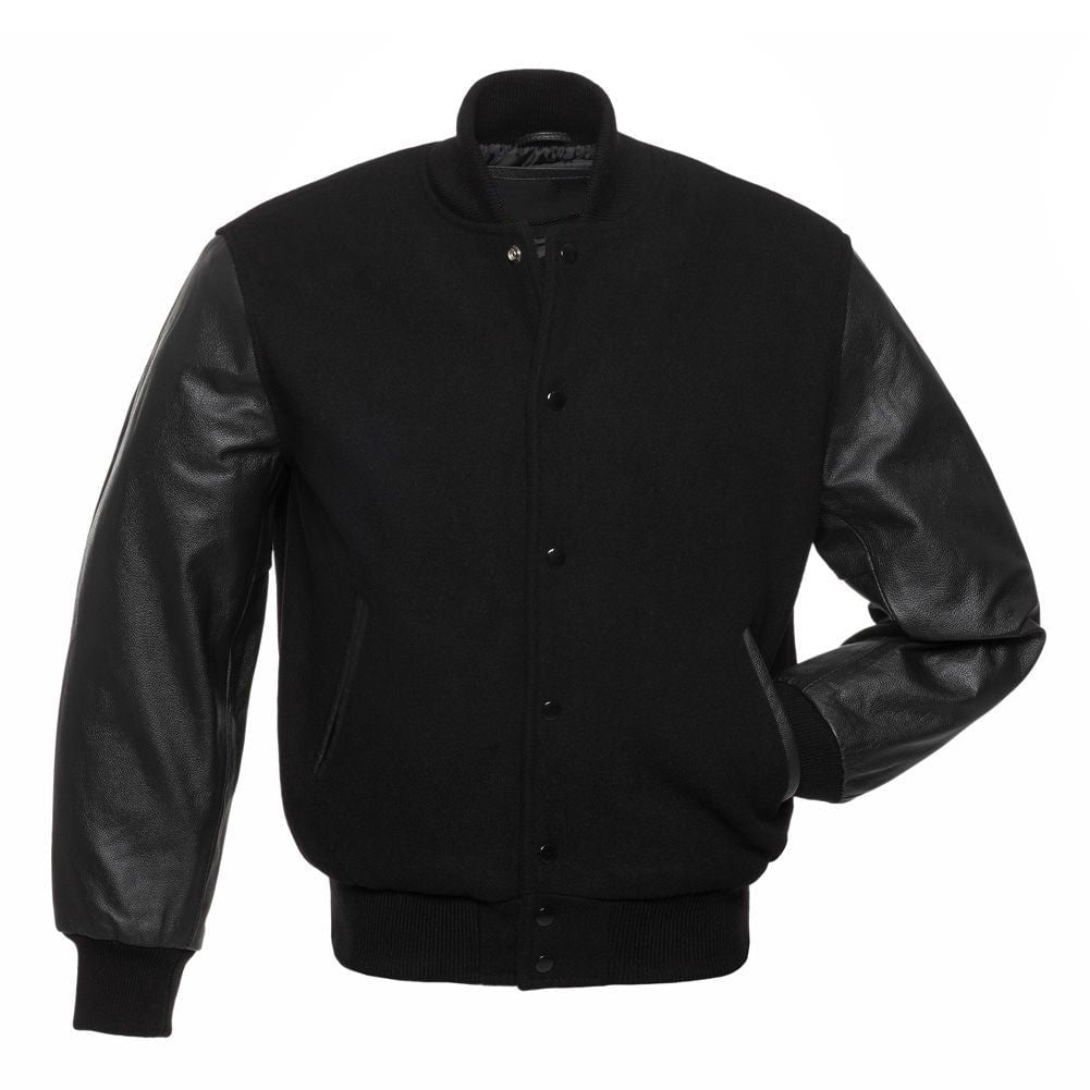 MARA LEATHER | Men's All Black Wool & Leather Varsity Letterman Jacket | LG