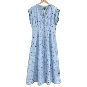 Gap Blue Floral Pleated Denim Midi Dress, Size S