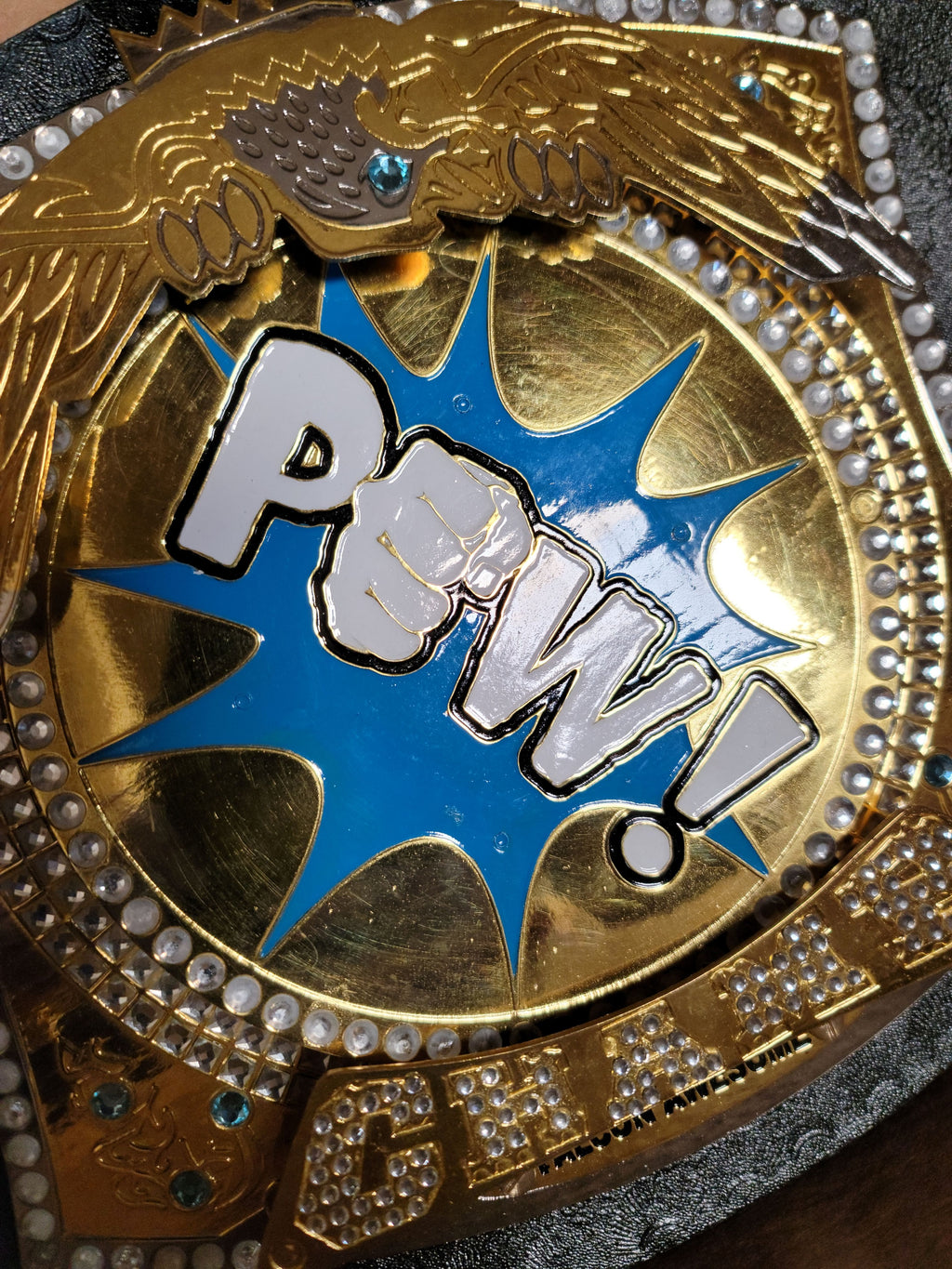 POW! Championship Novelty Wrestling Belt | Spinning Center Plate | Rhinestone & Gold | Costume