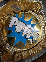 POW! Championship Novelty Wrestling Belt | Spinning Center Plate | Rhinestone & Gold | Costume