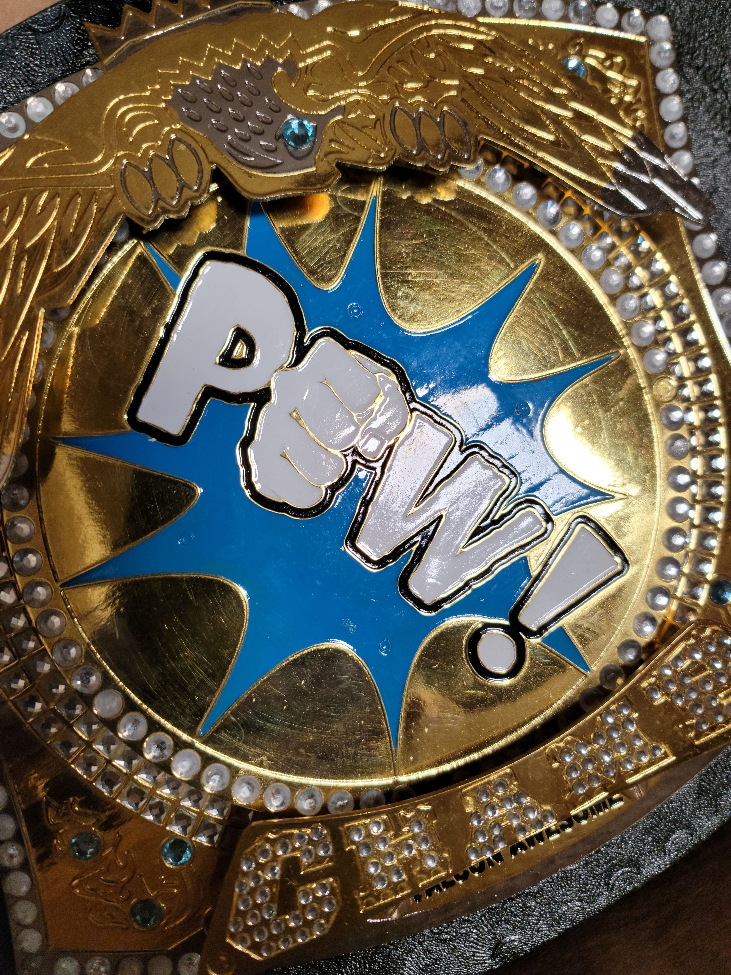 POW! Championship Novelty Wrestling Belt | Spinning Center Plate | Rhinestone & Gold | Costume