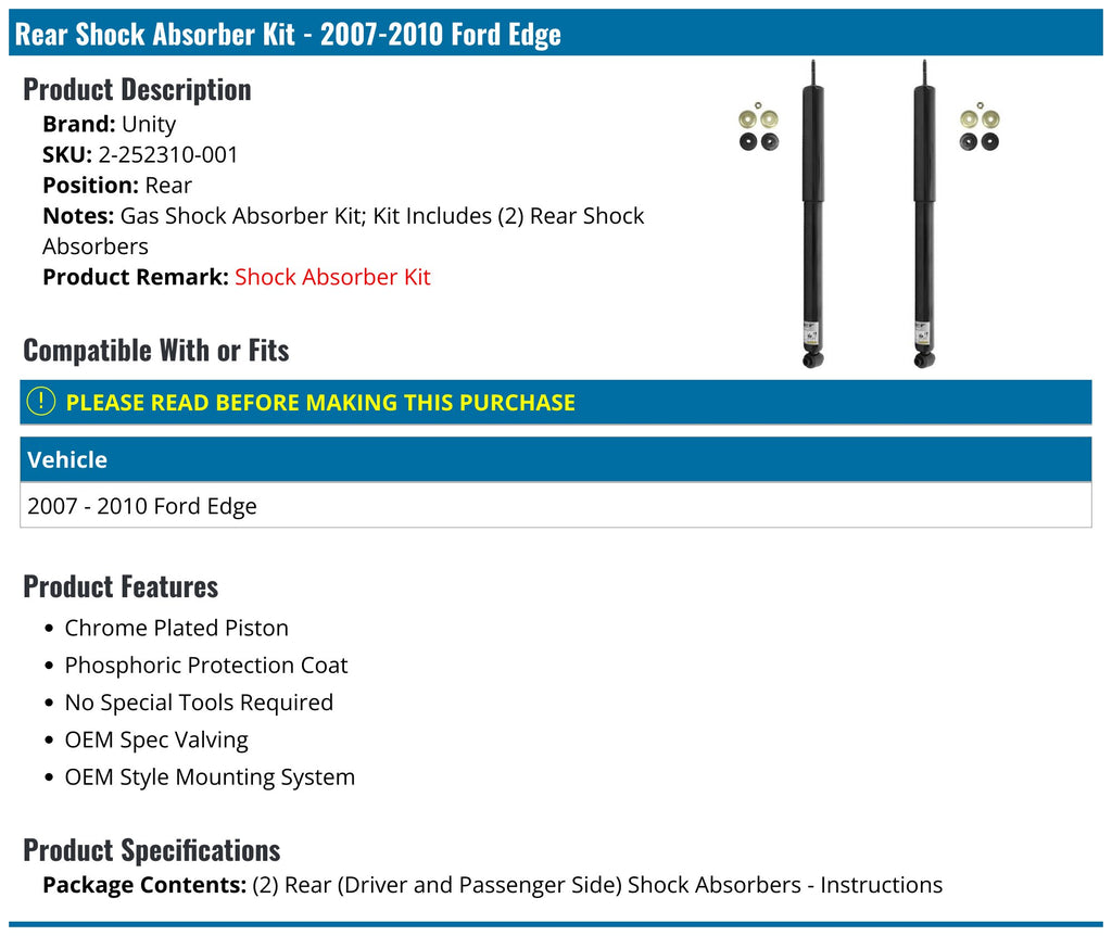 Unity Automotive 2-252310-001 Rear 2 Wheel Gas Shock Kit 2007-2010 Ford Edge