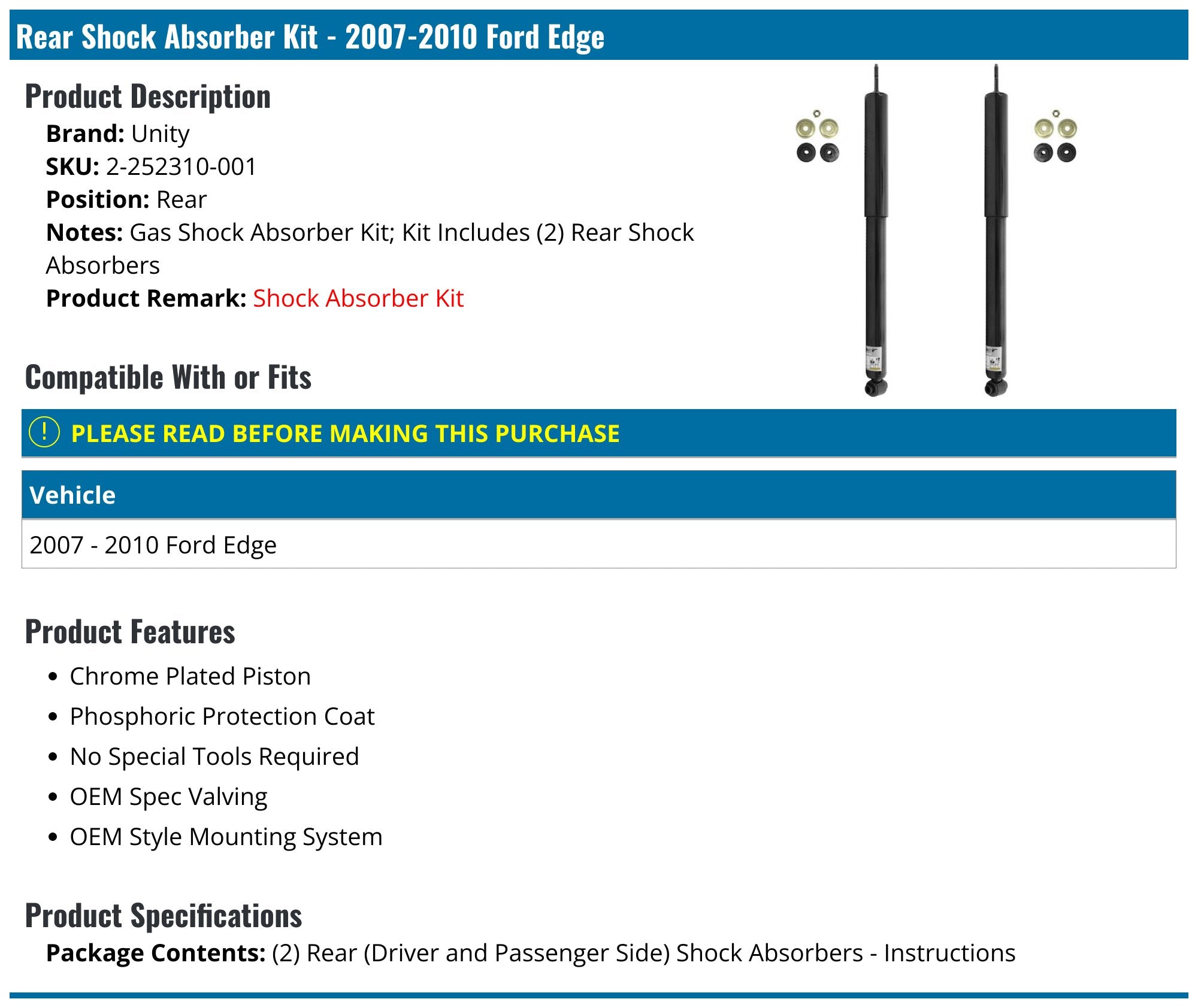 Unity Automotive 2-252310-001 Rear 2 Wheel Gas Shock Kit 2007-2010 Ford Edge
