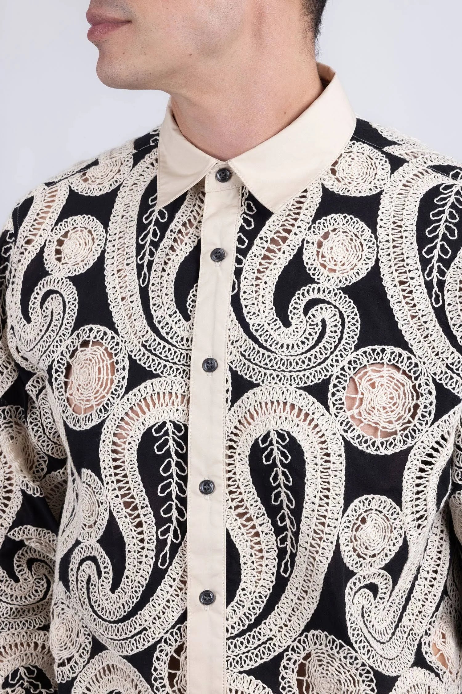 BARABAS Men's Lorenzo Embroidery Paisley Long Sleeve Shirt in Black Cream - 2XL