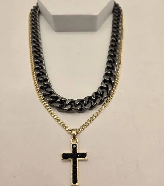 Bold Essence Black/Gold Cuban Link 2-Piece Cross Necklace Set