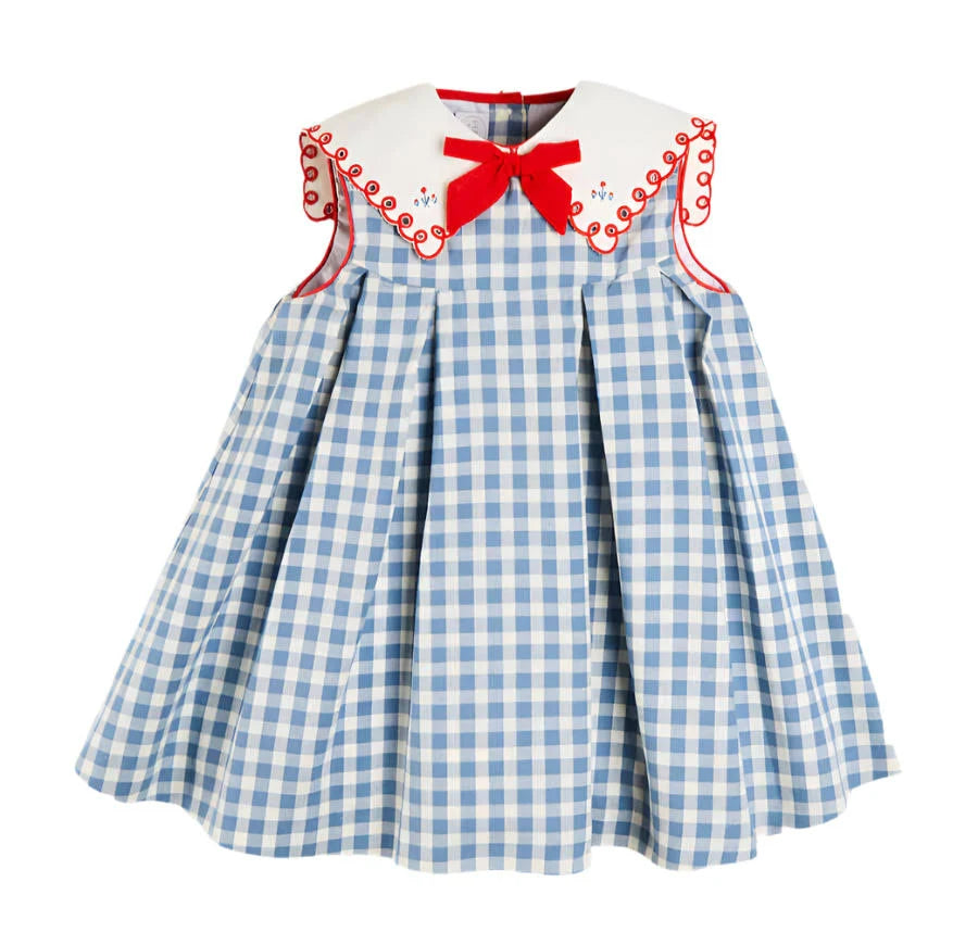 Pepa London Blue Embroidered Gingham Sleeveless Little Girl's Dress