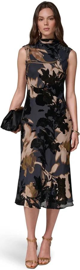 Donna Karan Women's Floral-Print Velvet Burnout A-Line Midi Dress (Size: 10)