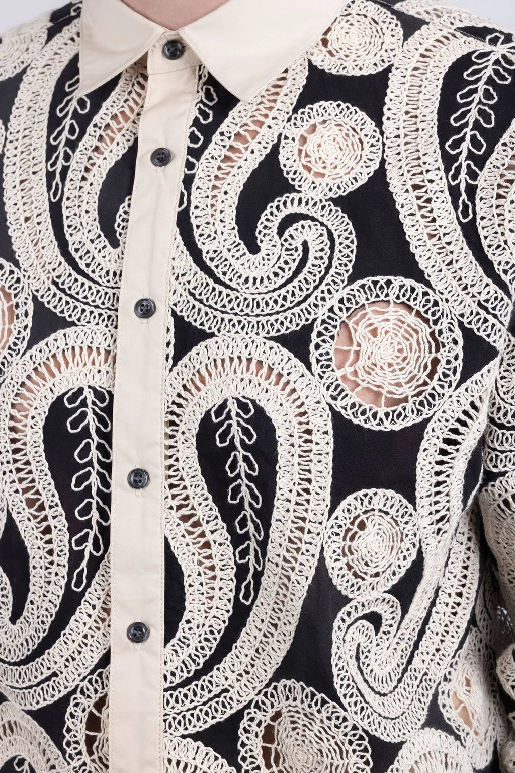 BARABAS Men's Lorenzo Embroidery Paisley Long Sleeve Shirt in Black Cream - 2XL