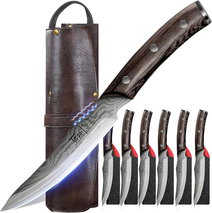 Steak Knives Set Of 6 With Full Grain Leather Knife Roll for Chefs