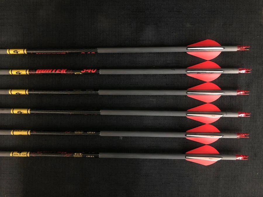 Gold Tip Hunter 340 Spine Shafts 2″ Raptor Vanes (Qty. 6) Red/White Fletchings