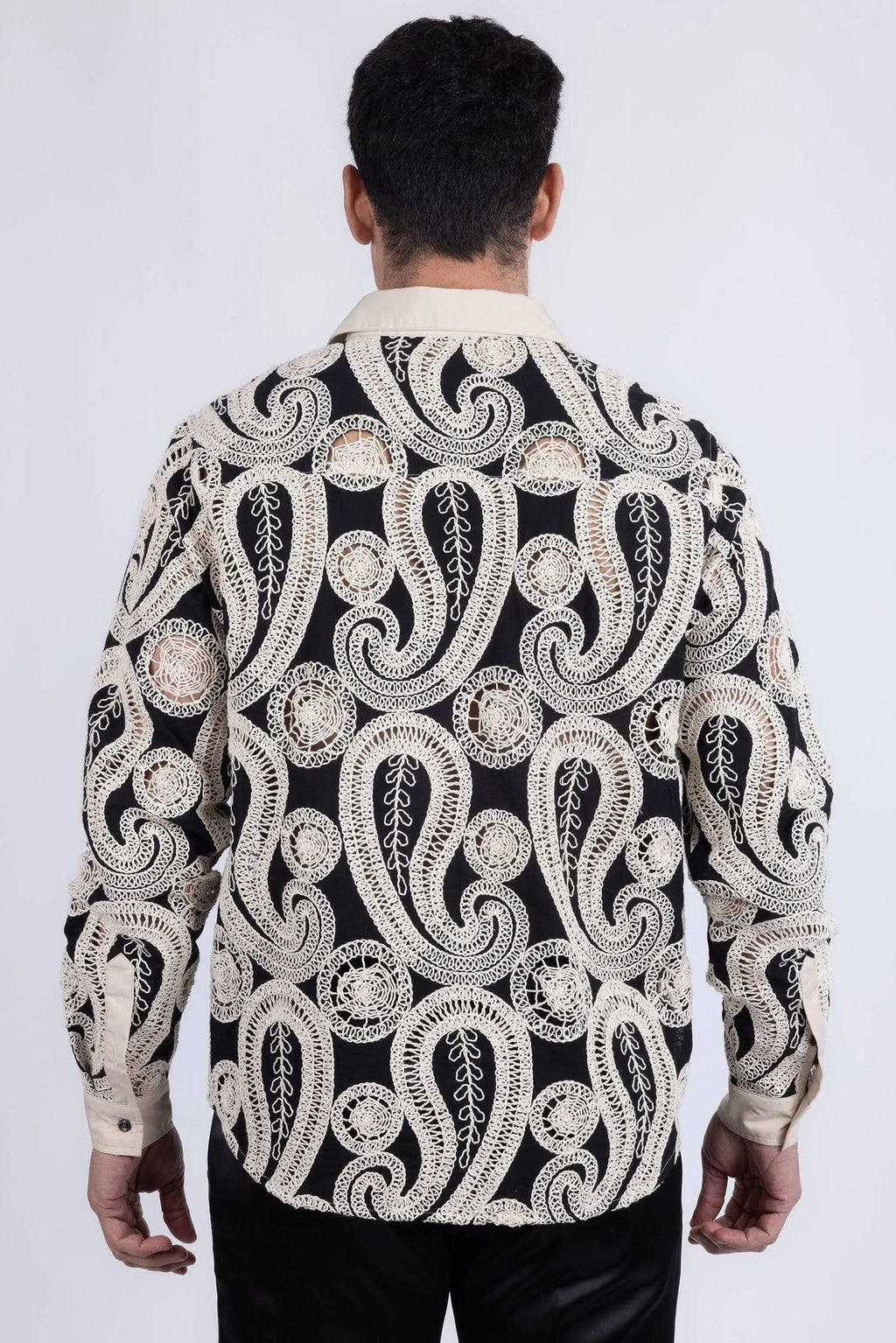 BARABAS Men's Lorenzo Embroidery Paisley Long Sleeve Shirt in Black Cream - 2XL