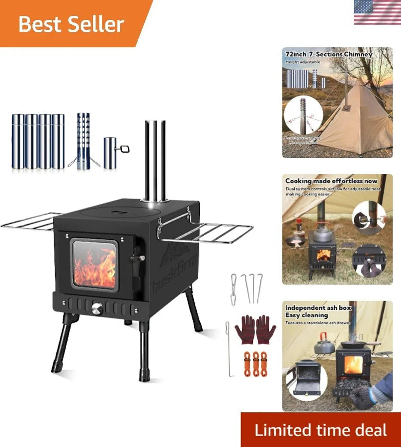 Portable Folding Wood Burning Camping Stove - Includes Chimney Pipes