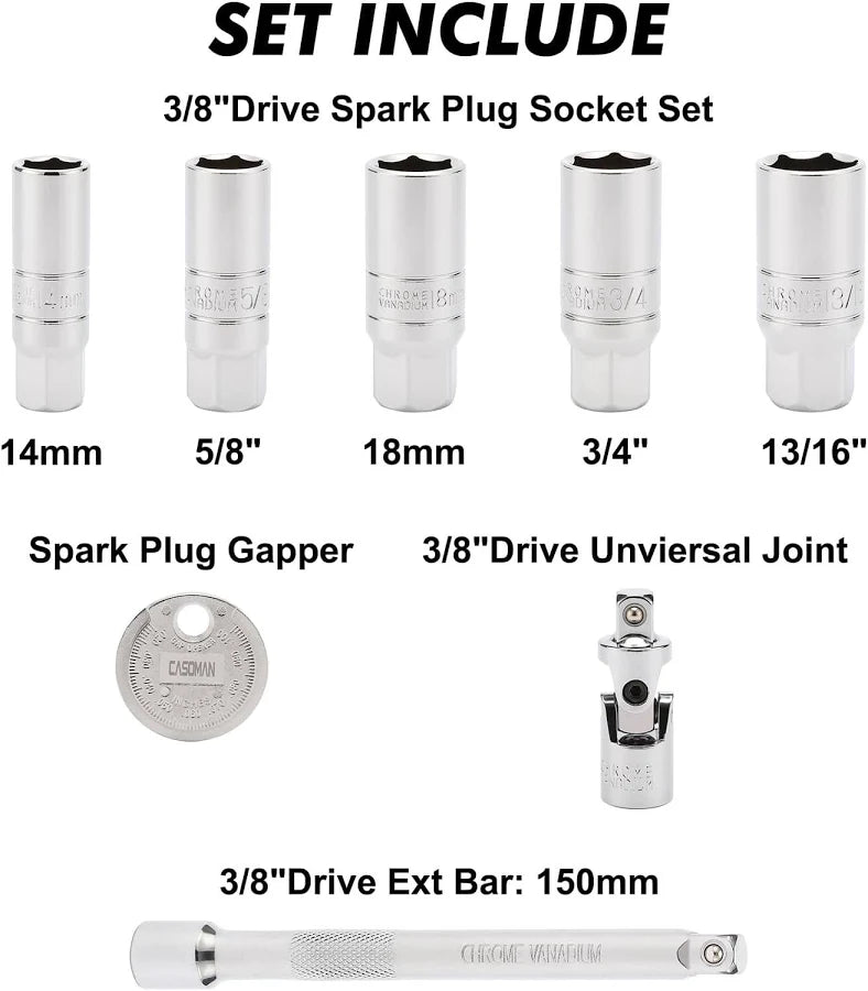 CASOMAN 3/8-Inch Drive Spark Plug Socket Set, 8-Piece Set